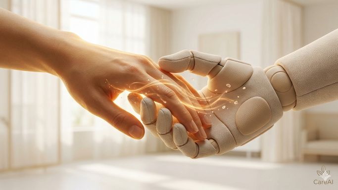 사람의 손과 로봇의 손이 맞닿는 장면